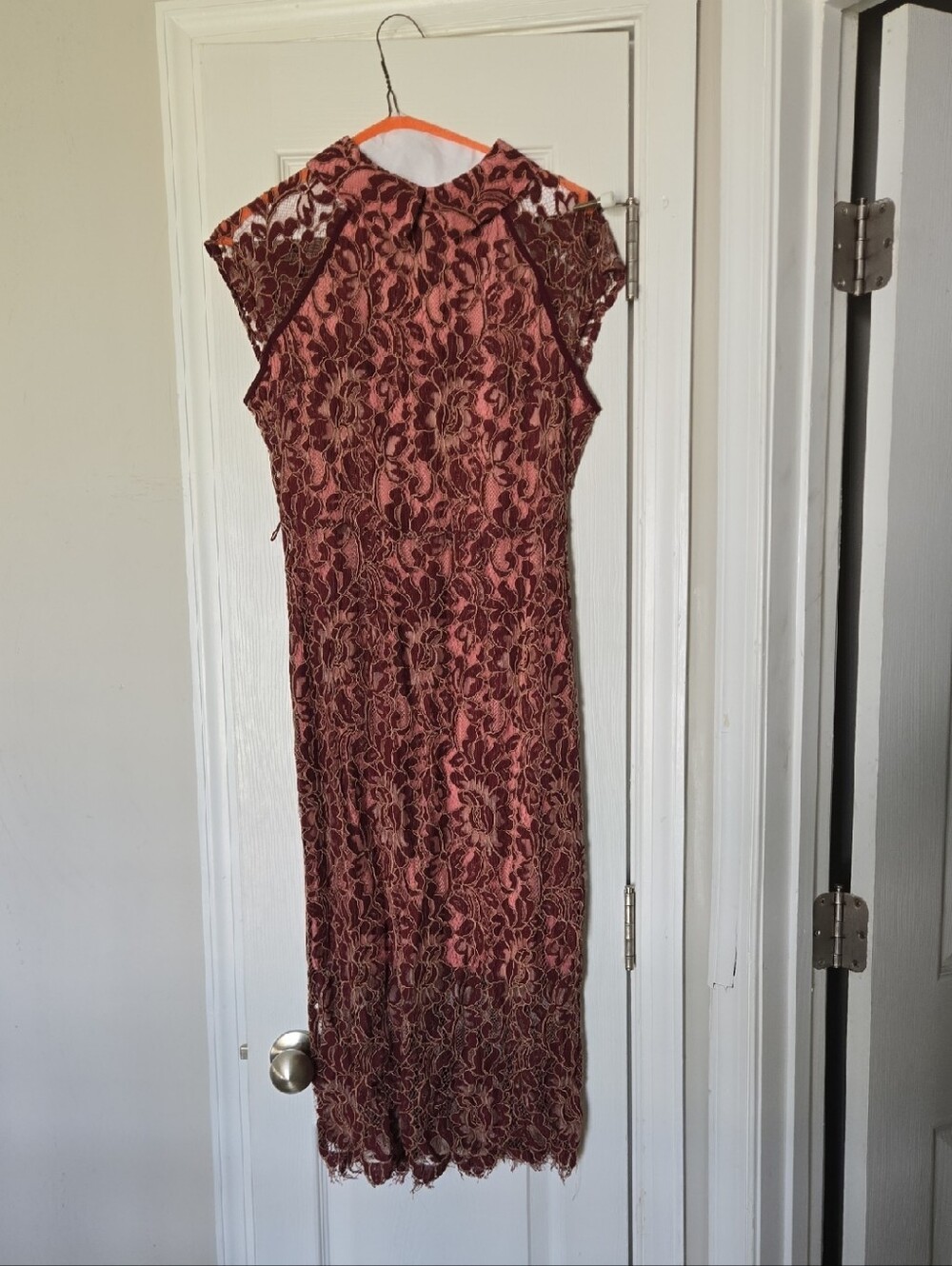 New York & Company Burgundy Lace Cap-Sleeve Midi Dress